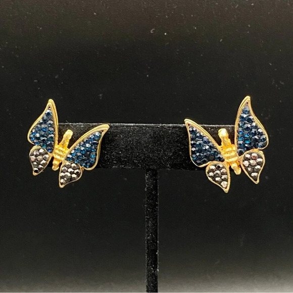 Pave Black and Gunmetal Grey Butterfly Pierced Gold Earrings - Picture 2 of 9